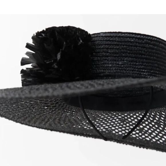 Zara Floral Raffia Picture Hat  Black Size M Plant & Cellulose  Materials